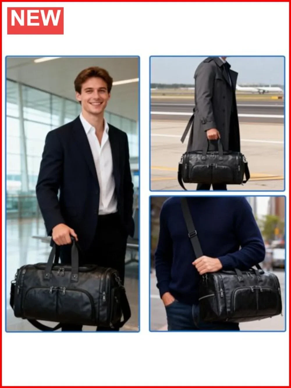 Leather Weekender Duffel Bag with Shoe Compartment, Waterproof Carry On for